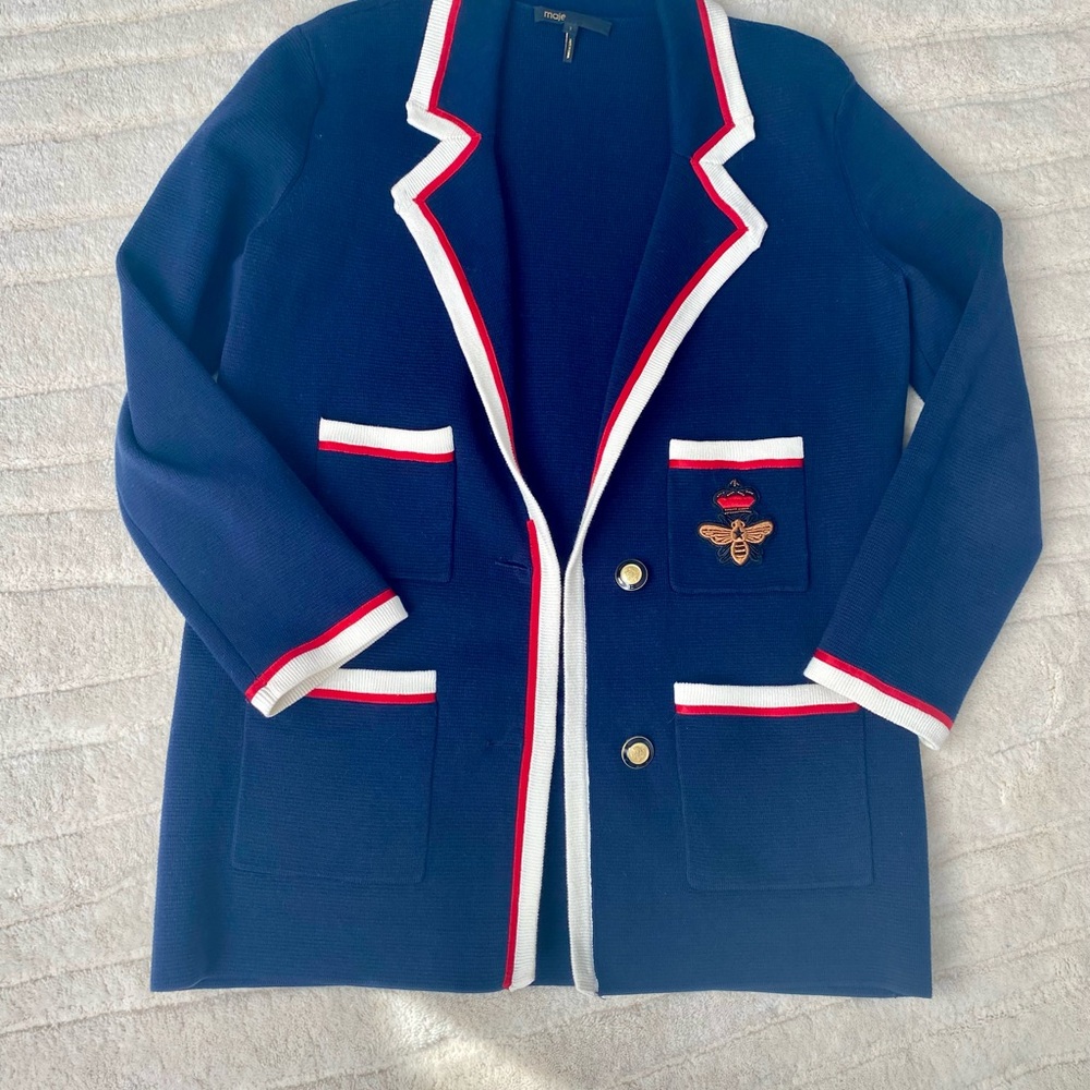Maje navy cardigan with embroidered bee, size 1